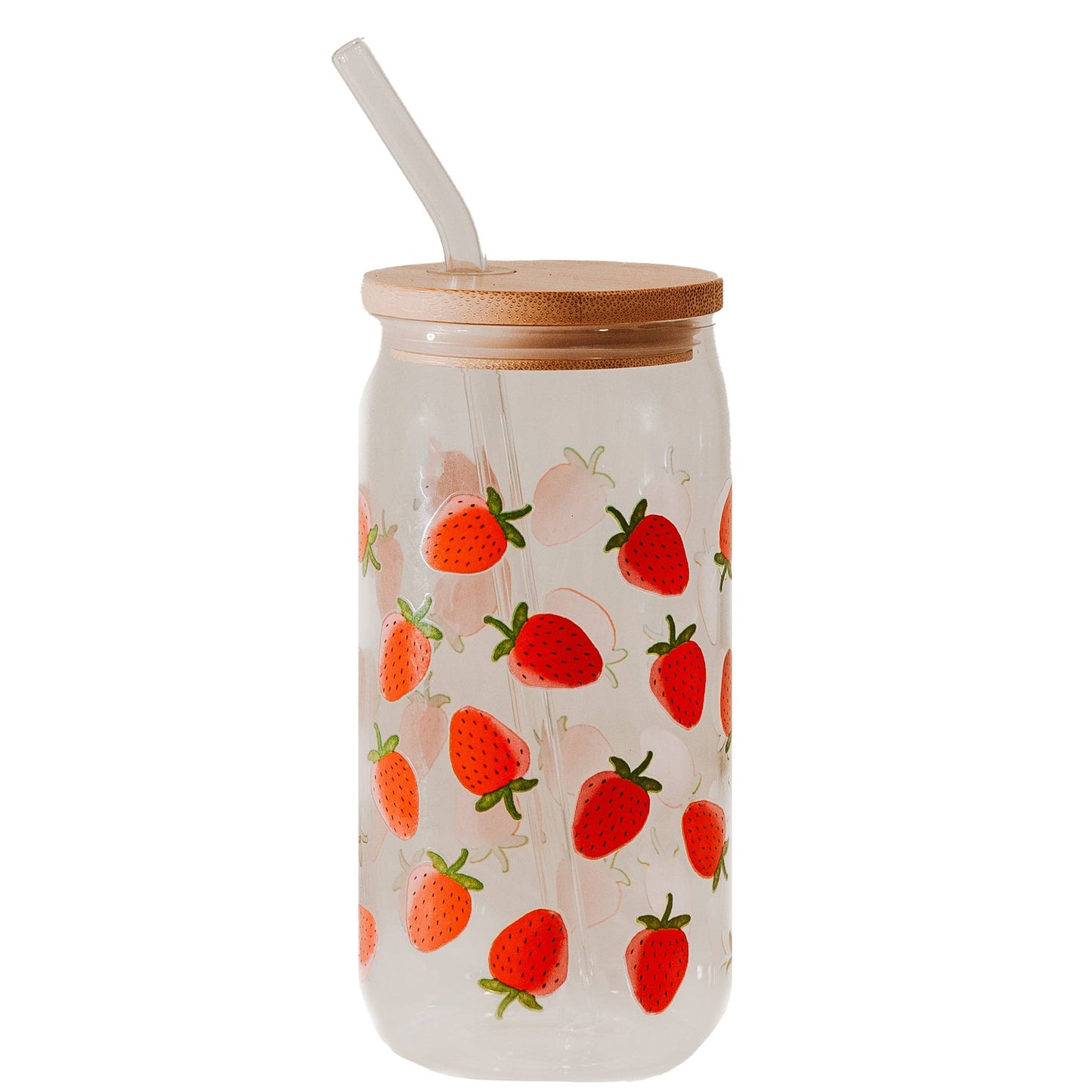 Strawberry 17 oz Can Glass w/ Straw and Lid -