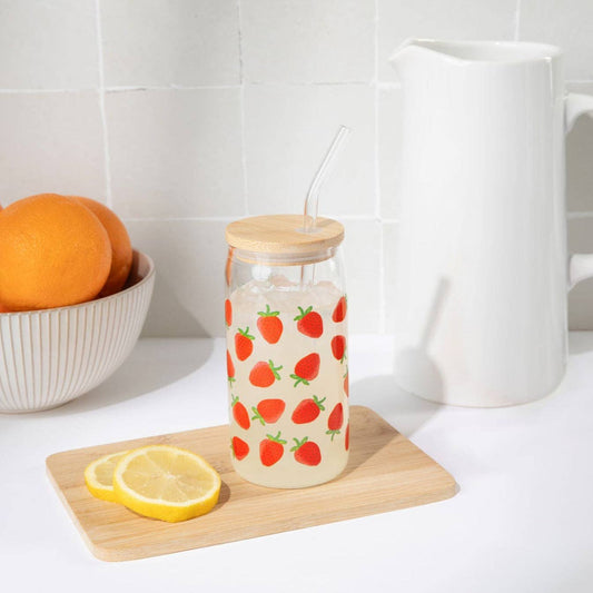 Strawberry 17 oz Can Glass w/ Straw and Lid -