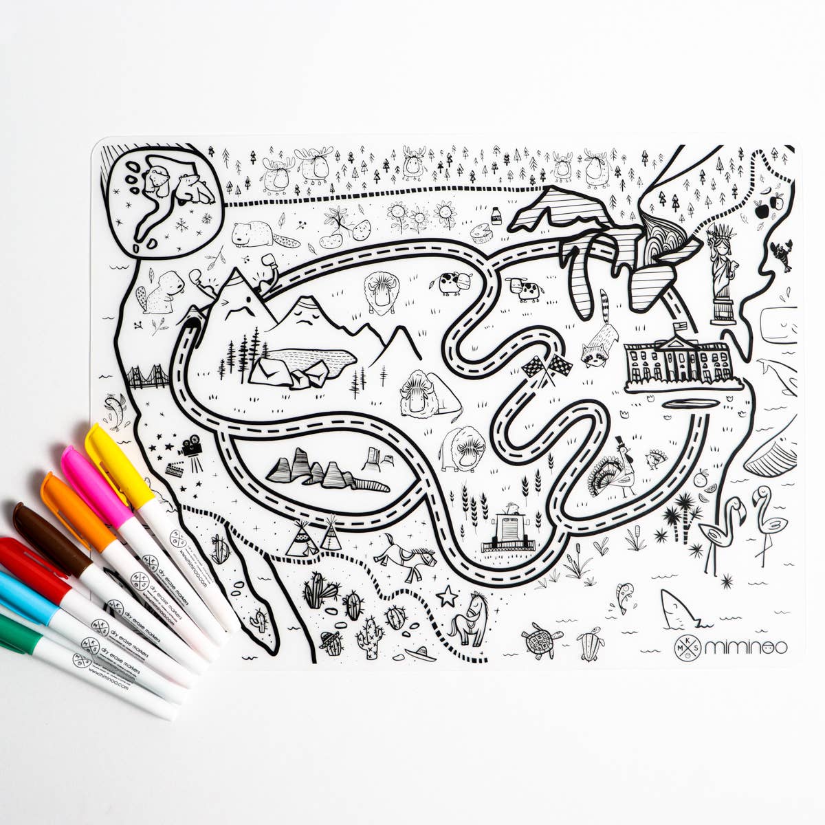 Silicone Reusable Coloring Mat & markers set USA Map