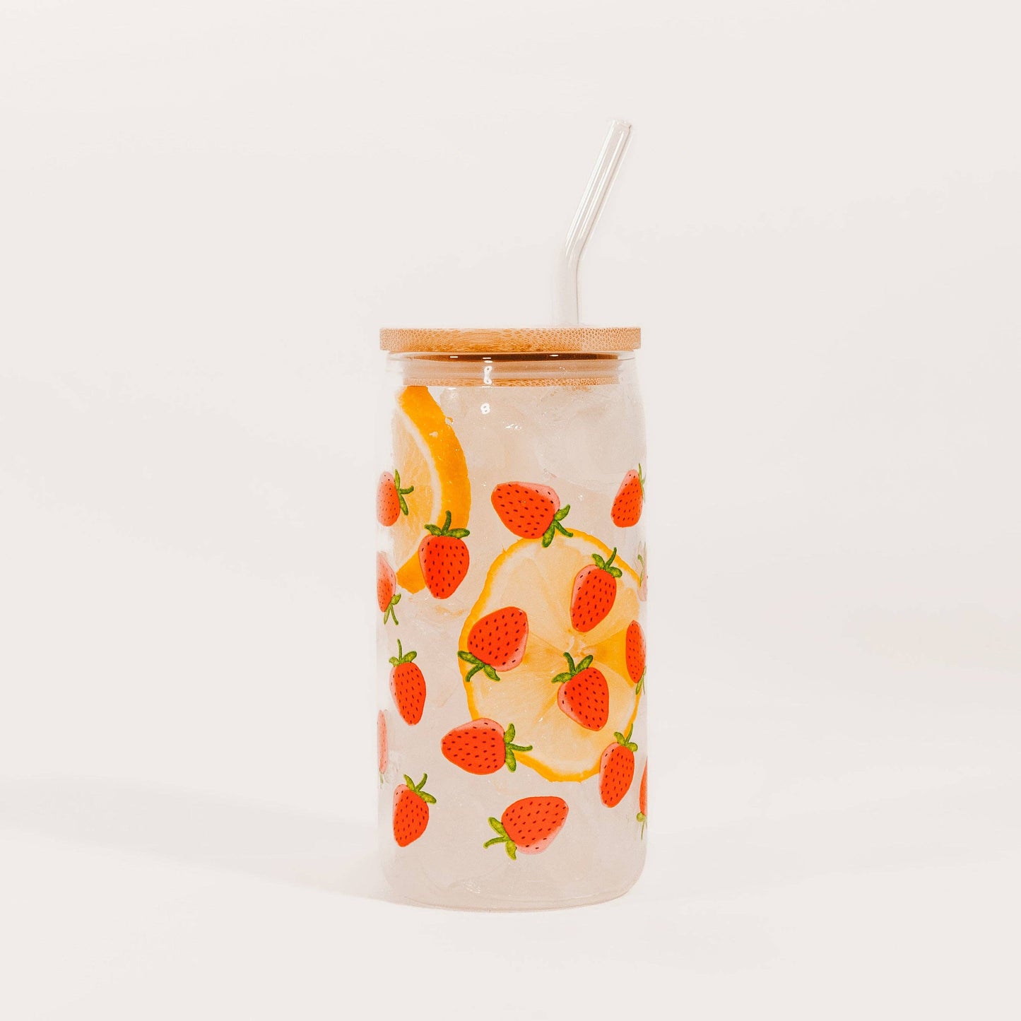 Strawberry 17 oz Can Glass w/ Straw and Lid -