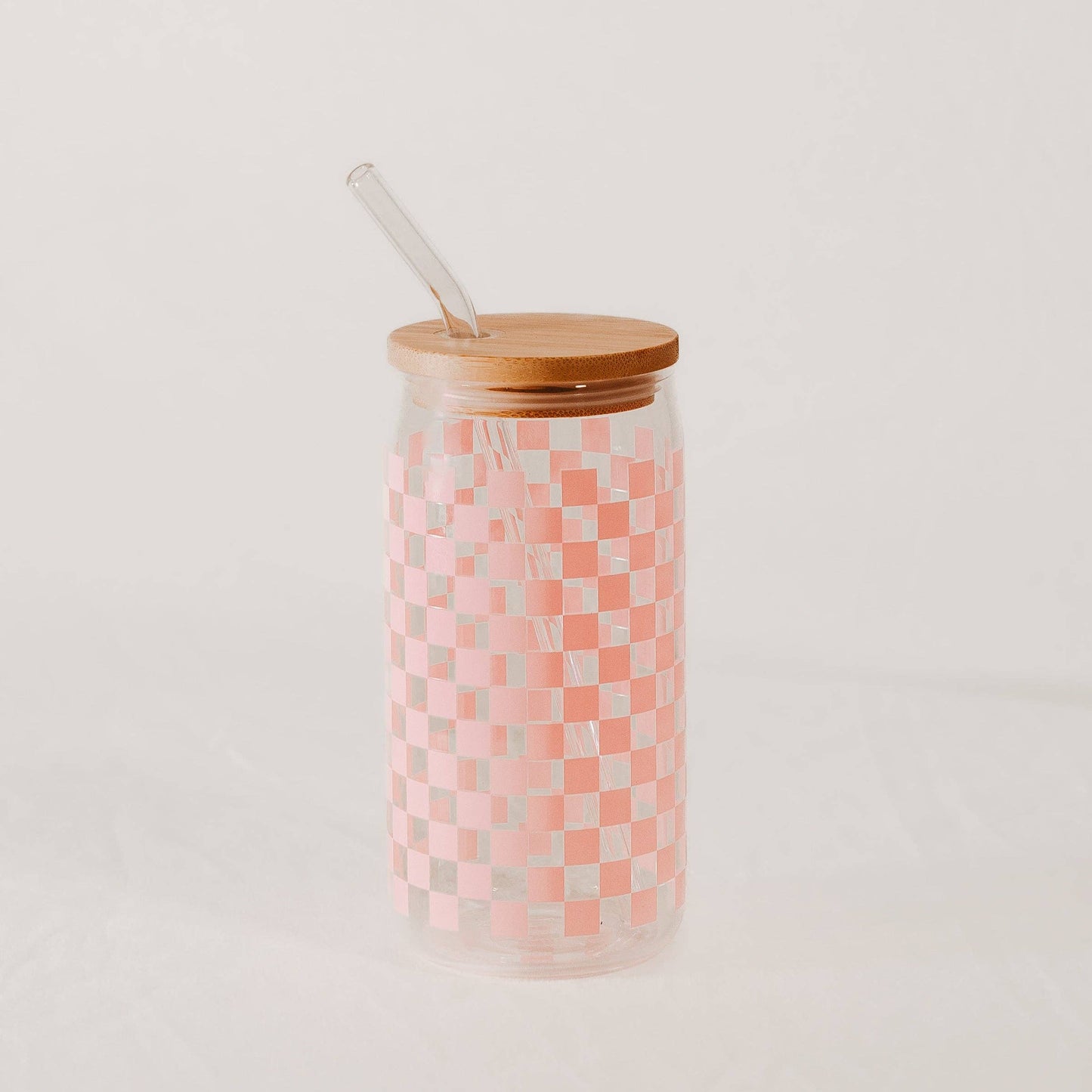 Pink Checkered 17 oz Can Glass w/ Straw and Lid