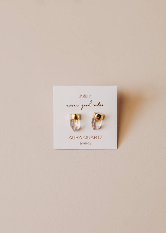 Gold Dip Point - Aura Quartz - Gold Earrings